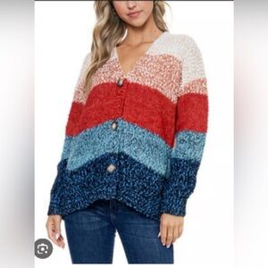 John Paul Richard fuzzy soft colorblock button down vneck cardigan sweater